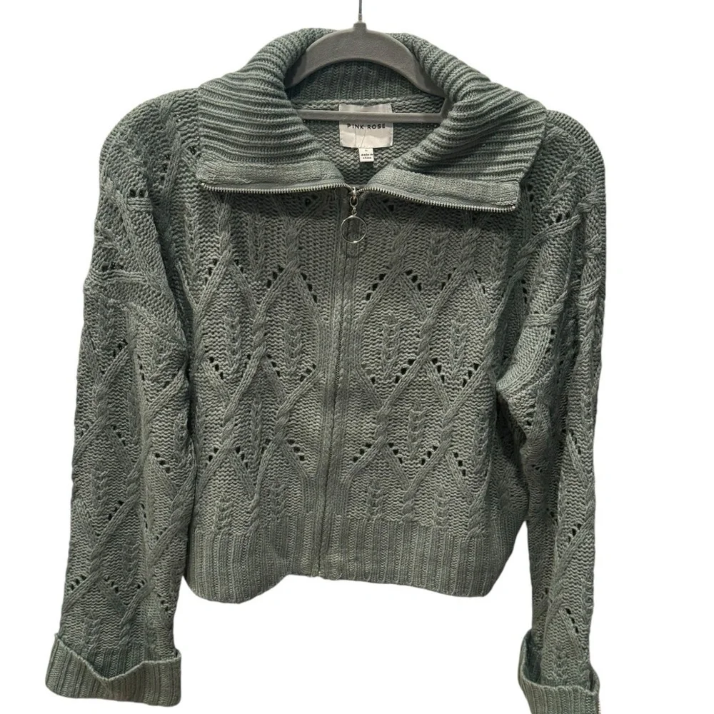 Sage Green Zip-up Funnel Neck Sweater Large